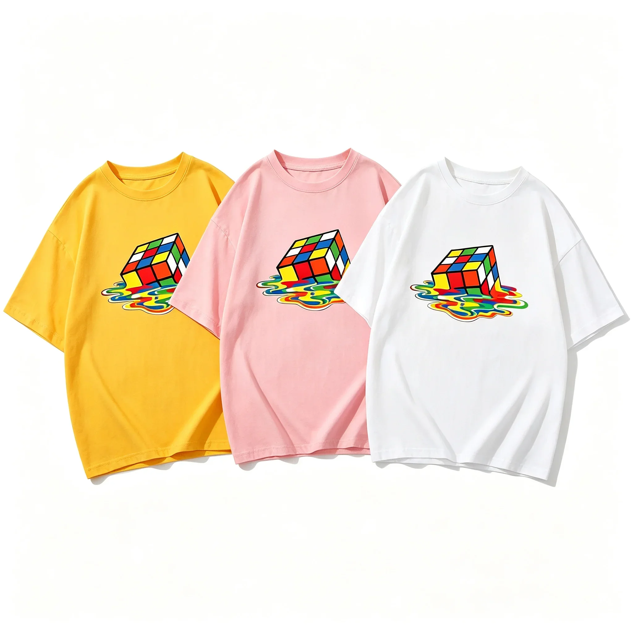 Summer Kids T-Shirt Pure Cotton Rubik's Cube Print Round Neck Boys Girls Short Sleeve Casual Cool Hip-Hop Short Sleeve T-Shirt
