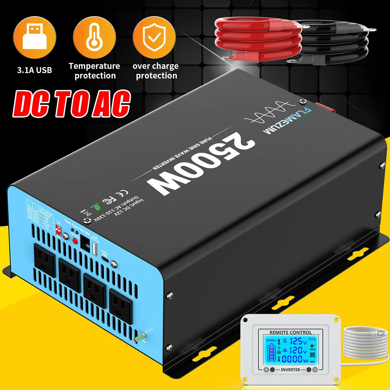 2500W Pure Sine Wave Power Inverter 12V DC to 110V/120V AC, 5000W Peak Car Inverter for RV Remote Control, 4 AC Outlets, 30W USB-C Port and LCD Display Provide Reliable Backup Power for RV, Truck, Solar, Camping and Off-Grid Use.