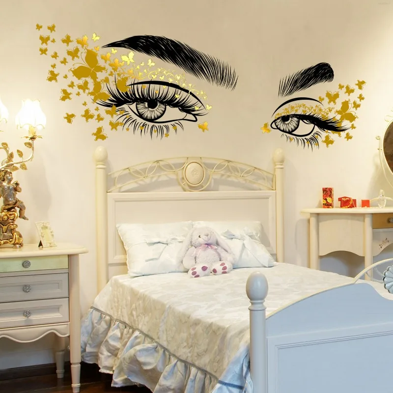 Gold Beautiful Girl Eyes Wall Sticker Flying Butterfly Mural Decal Girl Long Eyelashes for Couple Lovers Bedroom Decor Wallpaper