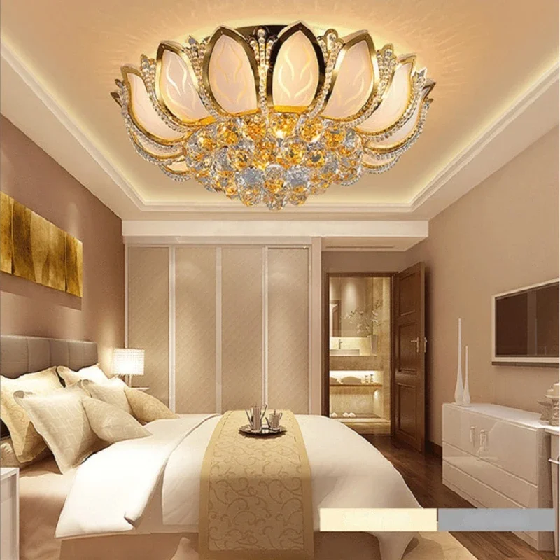 European Simple Buddhist Temple Lotus Crystal LED Ceiling Lamp Living Room Golden Color Round Light Bedroom Light Warm Room Lamp
