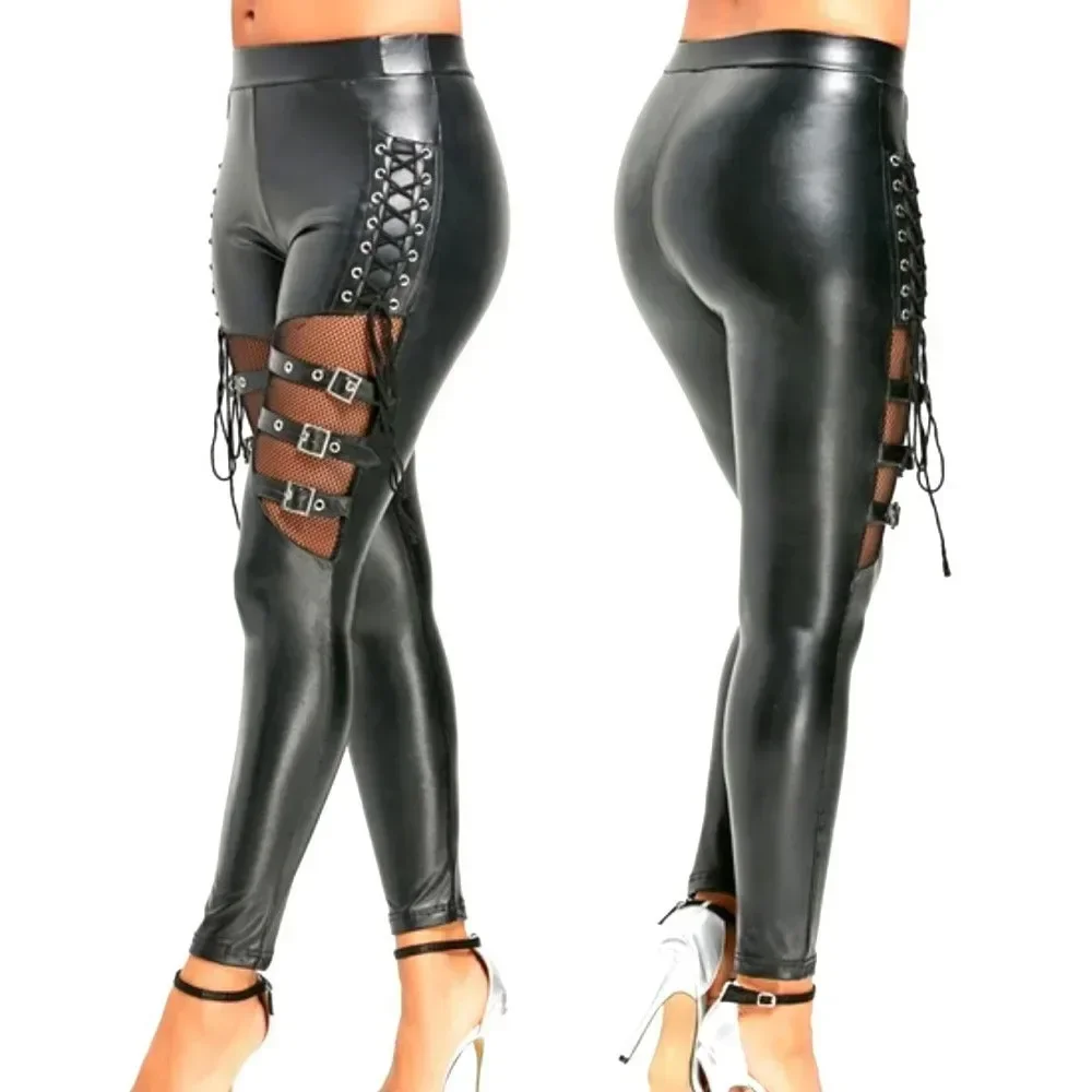 Trendige Spitzenhose für Damen, schmale Hose im Gothic-Punk-Stil aus PU-Leder mit Spitzenhose mit Netzbesatz und elegantes Design