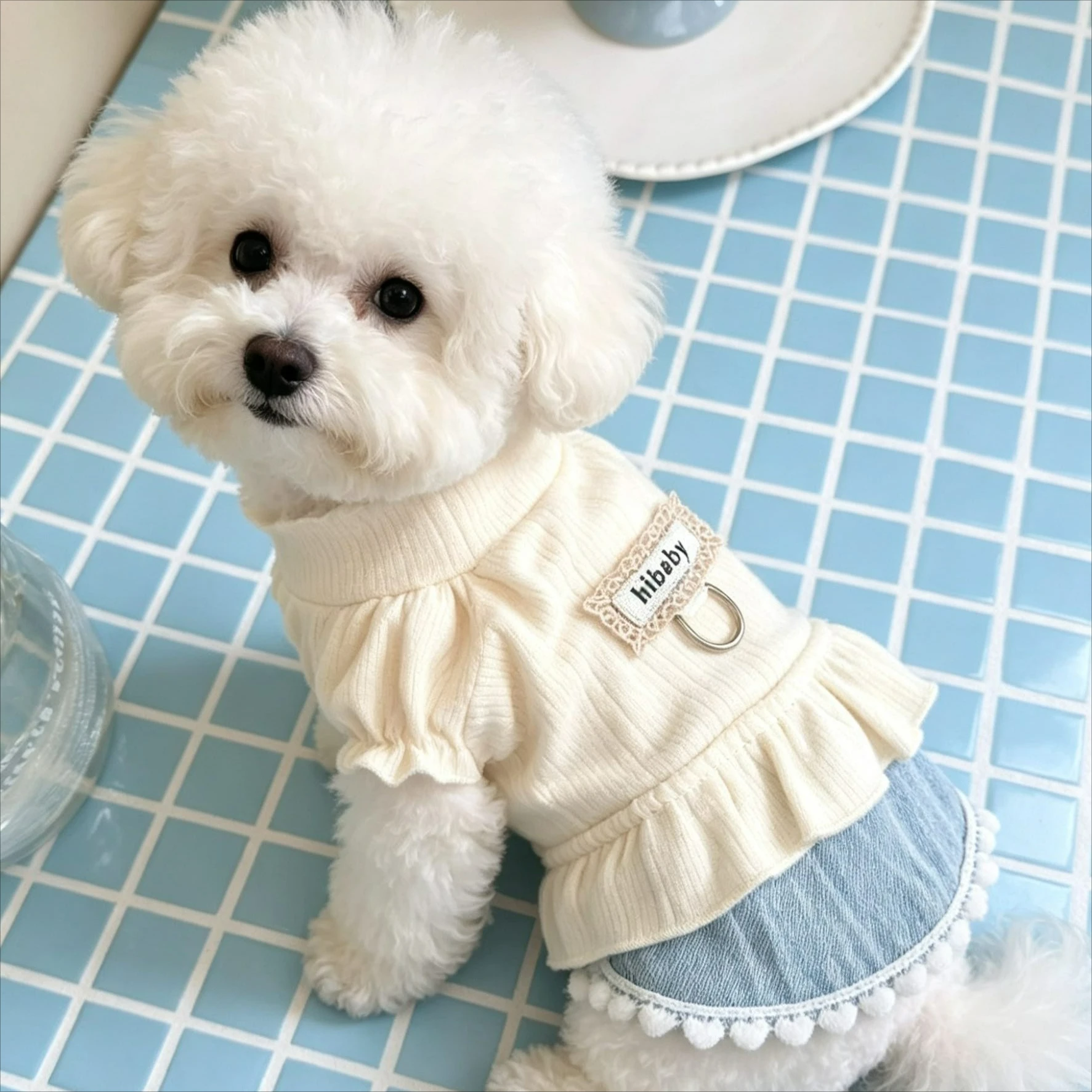 Autumn and Winter Pet Thick Dress with Bubble Sleeves Sweatshirt Teddy Cat Base Shirt Puppy Clothes for Small Dogs Accessories