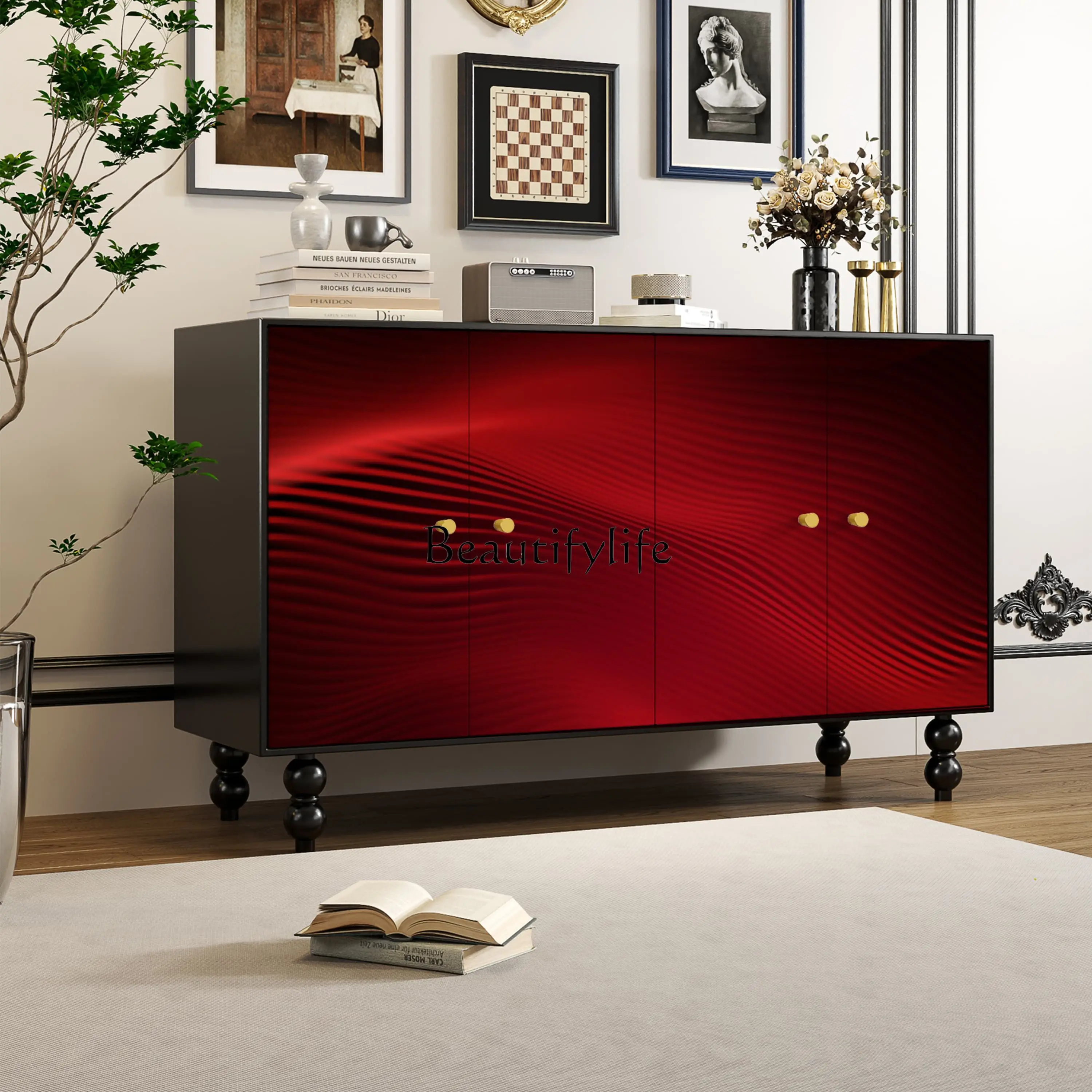 

All solid wood red French painting art solid wood entrance cabinet living room bed and breakfast side cabinet