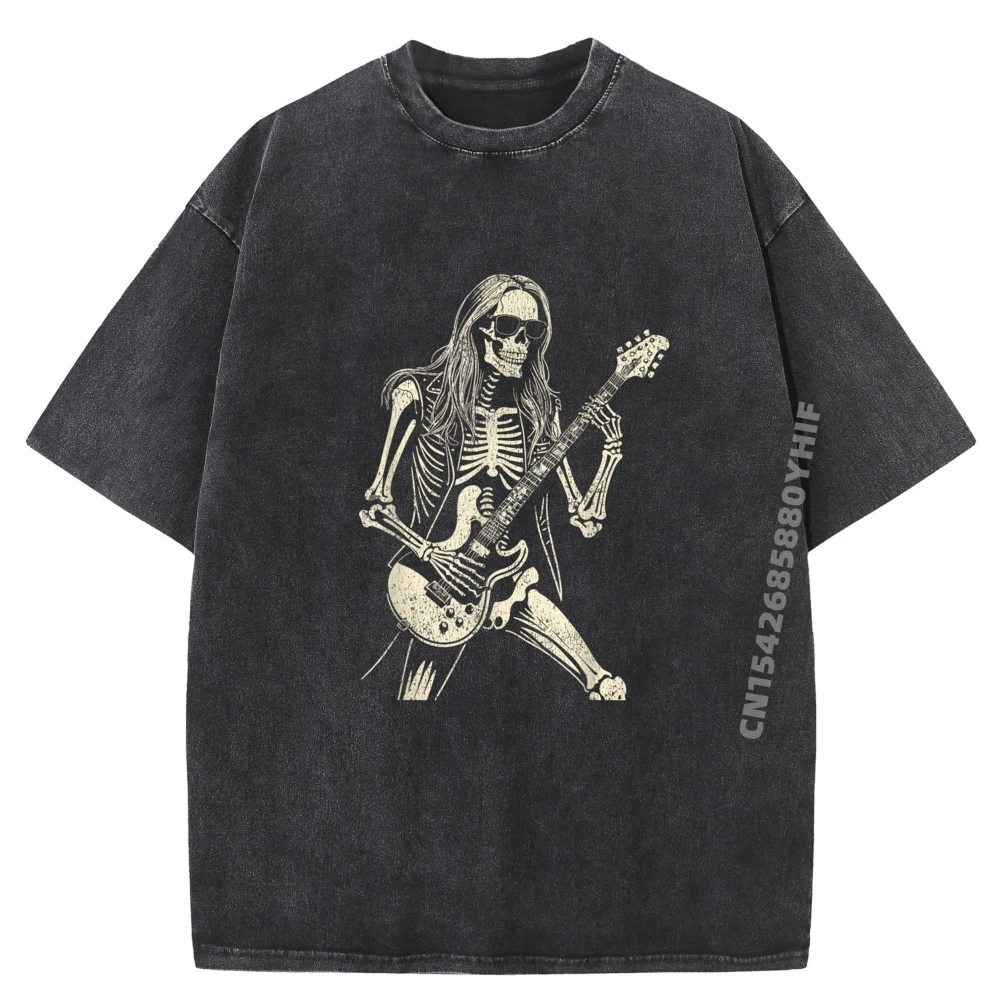 

Футболки со скелетом, играющими на гитаре и рулоне, свободные повседневные мужские топы и футболки, футболки с рисунком, стираная одежда в стиле ретро