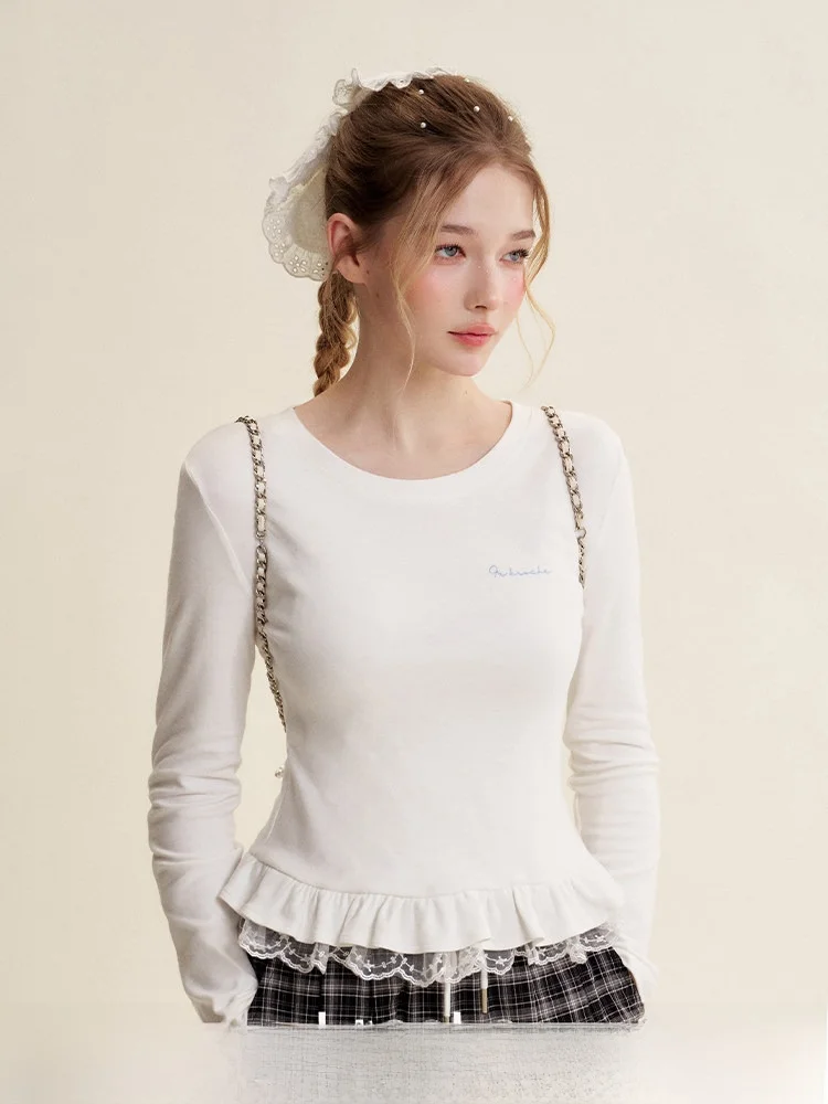 

Футболка Kroche Blokette из органического хлопка с кружевным краем, двусторонняя, приталенная, с длинным рукавом, круглый вырез, милый дизайн, цветная