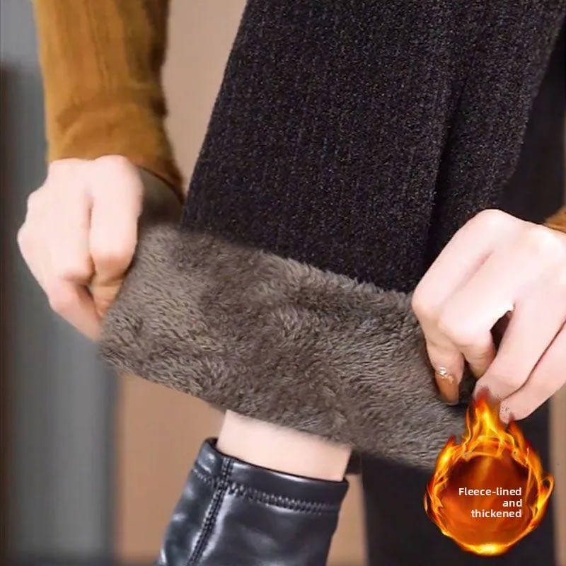 Ladies Fleece Lined Thickened Lamb Fur Bell Bottom Pants High Waist Straight Leg Trousers Autumn Winter Small Size Mom Jeans