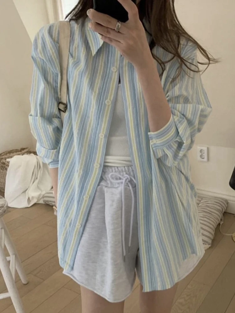 

Fre Stripe Women's Summer irt Loose Long Sve Single Button Cardigan Korean Sle Lazy Faion Casual Top Trendy