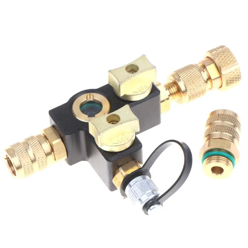 Brass AC Refrigerant Valve with Visible Sight Glass Quick Connect Adapters for Automotive AC HVAC Repair Use
