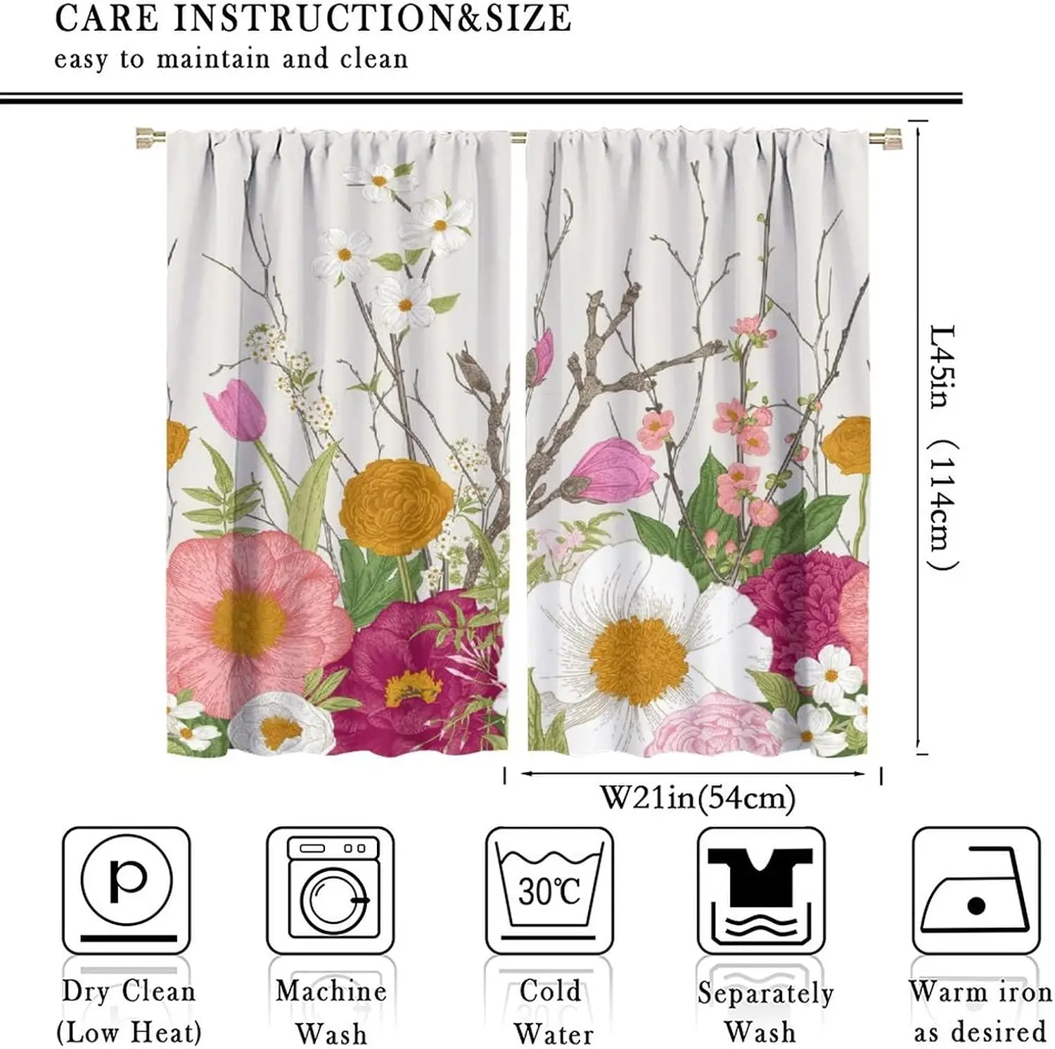 Vintage Wild Floral Branch Rod Pocket Curtain Peony Tulip Cherry Blossom Green Leaf Print White Background Bedroom Window Drapes