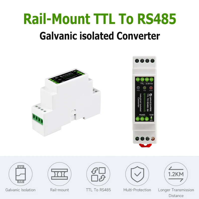 Rail-mount TTL To RS485 Galvanic isolated Converter 600W Lightningproof & Anti-Surge with Multi-Isolation Protection