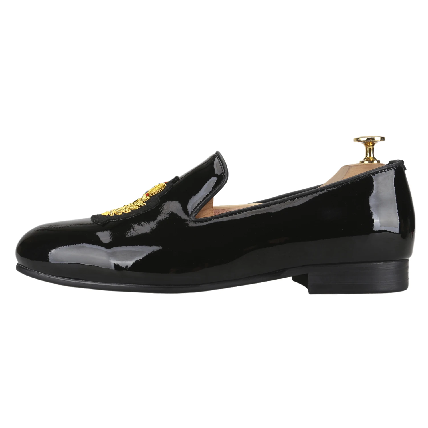 Piergitar Black Patent Leather Slip-On Loafers With Gold Handmade Badges For Party And Wedding Wear Luxurious Men's Dress Shoes