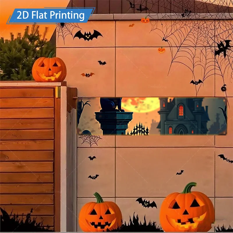 1pc 4x16インチ メタルサイン ハロウィン 2D フラットプリント メタルサイン - 不気味な城 & カボチャのシーンの装飾
