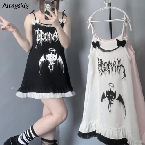 Imagen 1 del producto Vestidos de estilo oscuro para mujer, Mini vestidos japoneses sin mangas para chicas encantadoras Y2k, ropa holgada estampada a la moda para verano, diseño de lazo de encaje Sexy