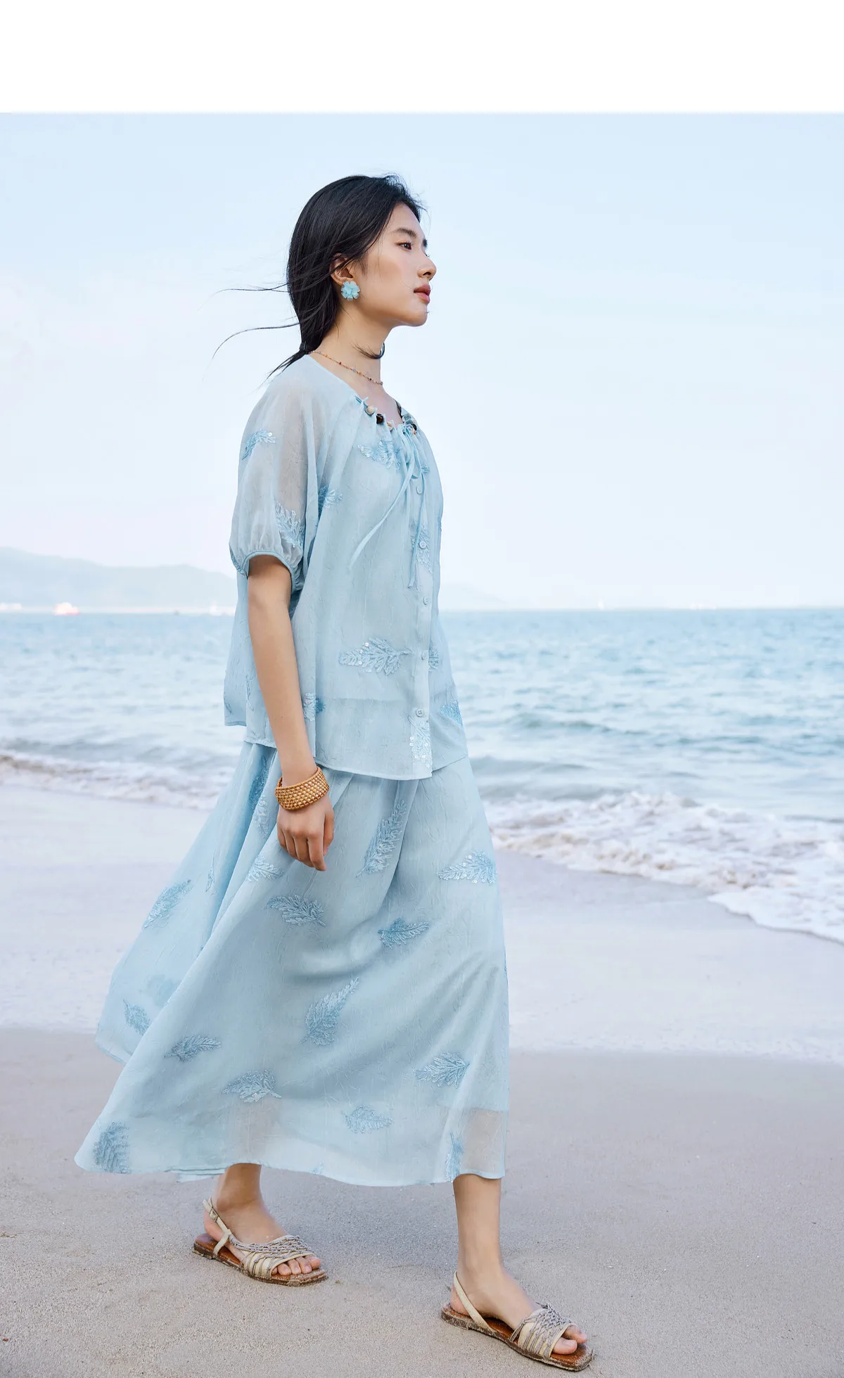 SENTUBILA Elegantes besticktes 3-teiliges Damen-Set, bestehend aus einem Oberteil mit Perlenbesatz und Rundhalsausschnitt, einem einfarbigen Camisole und einem A-Linien-Rock, lockeres Outfit 162ZK4843 – Detail 7