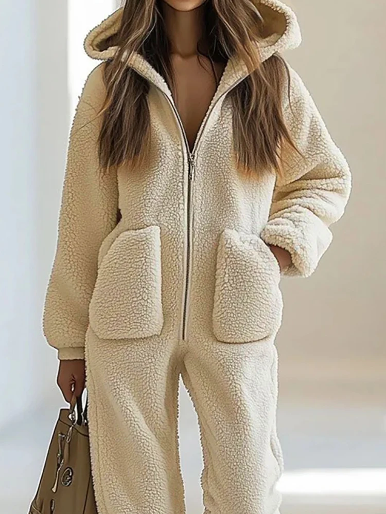 

Толстый теплый комбинезон на молнии с капюшоном, новый зимний удобный прямой комбинезон с карманами, женский элегантный однотонный свободный боди с длинными рукавами