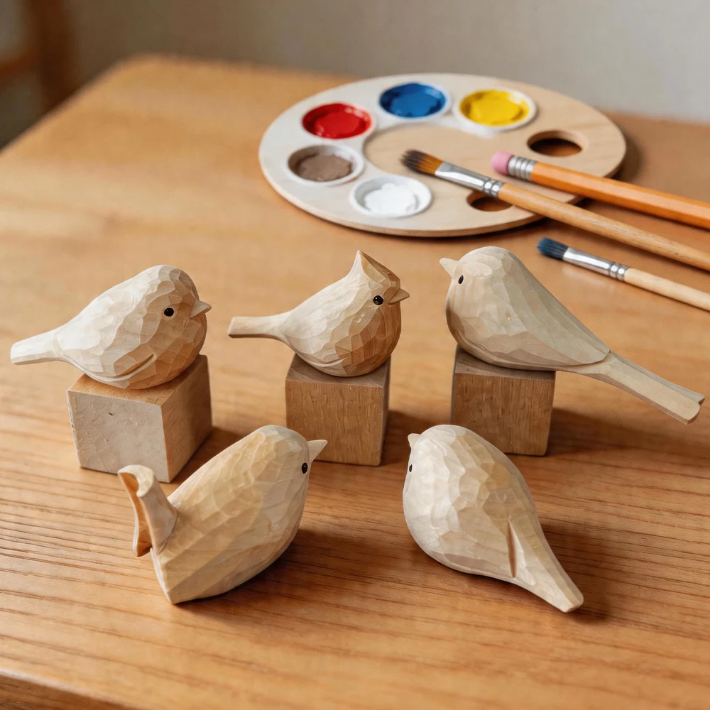Wooden Bird Figurine Ornament Statue Hand Carved DIY Painting Kit Natural Wood Sparrow Sculpture for Relaxation Home Decor