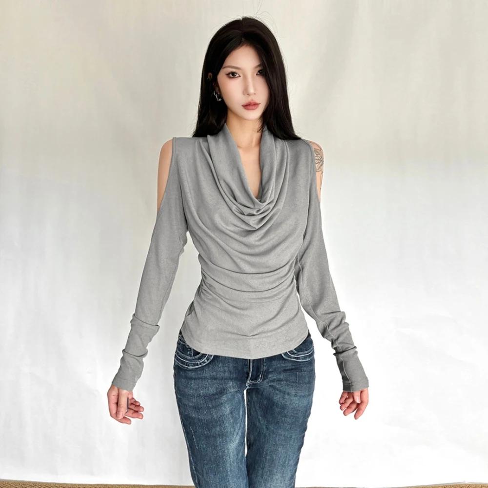 تي شيرت كاجوال على الموضة للسيدات بياقة متأرجحة وتصميم مجوف وأكمام طويلة للشارع متعدد الاستخدامات وبسيط وأساسية كلاسيكية