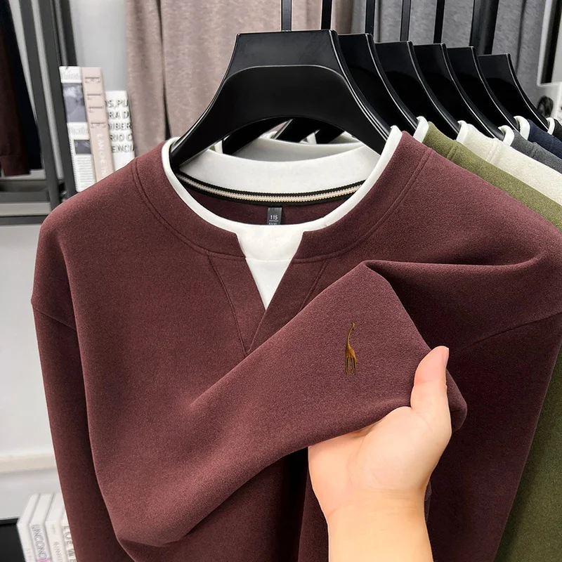 High Quality Men’s New Long-Sleeved T-Shirt False Two-Piece Color Blocking Round Neck T-Shirt Embroidery Hot-Selling Men's Wear