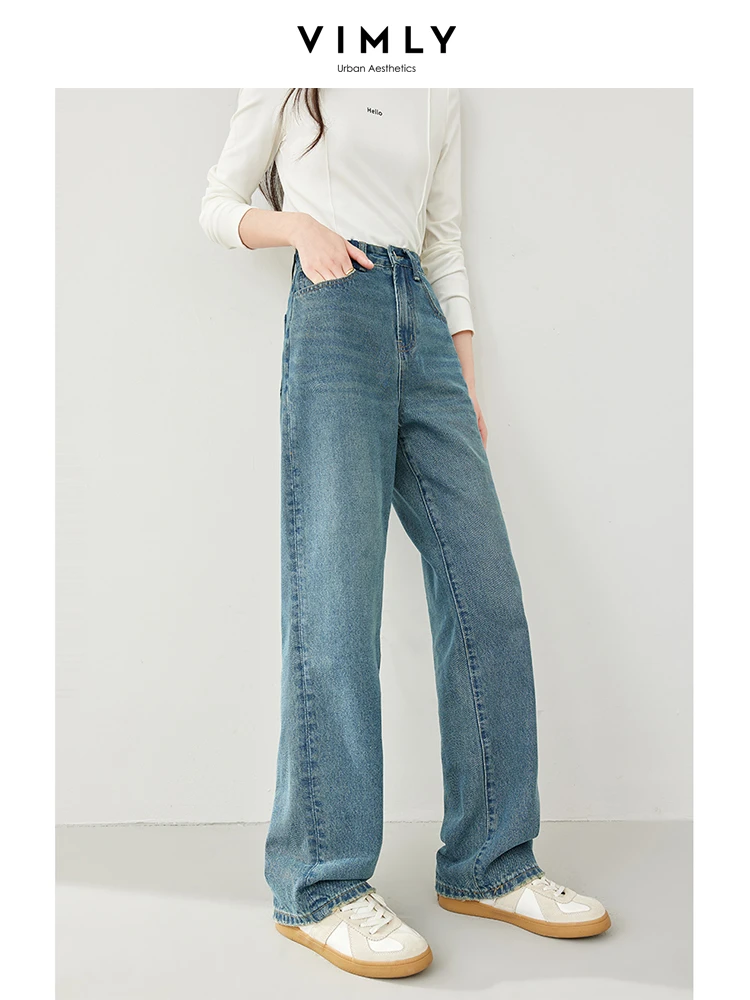 Vimly Retro Cotton Baggy Jeans Women 2024 Spring Casual Straight Loose Full Length Denim Pant Wide Leg Women\'s Trousers 72789