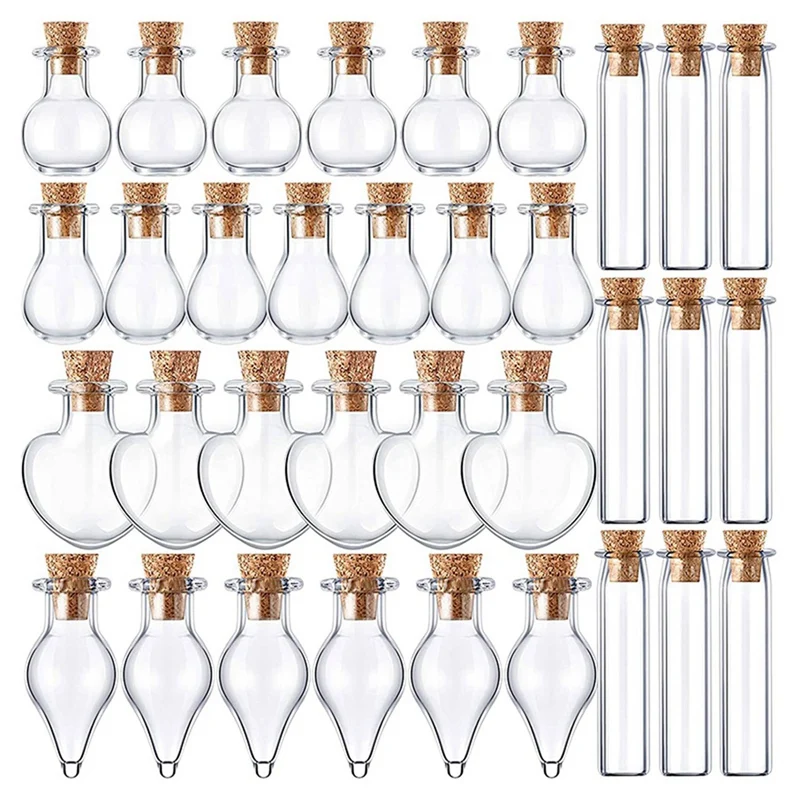 50 Pieces Small Mini Glass Jars Bottles with Cork Stoppers 5 Shapes Tiny Wishing Drifting Bottle Crafts DIY Projects-A79M