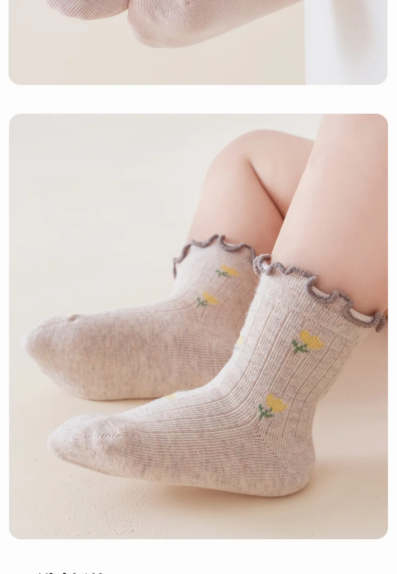 3/5 Paar Kleinkind Mädchen Socken mit Wellenmuster und Rüschenbündchen, Vintage Blumen Baby Socken für Mädchen, für den täglichen Gebrauch – Detail 8