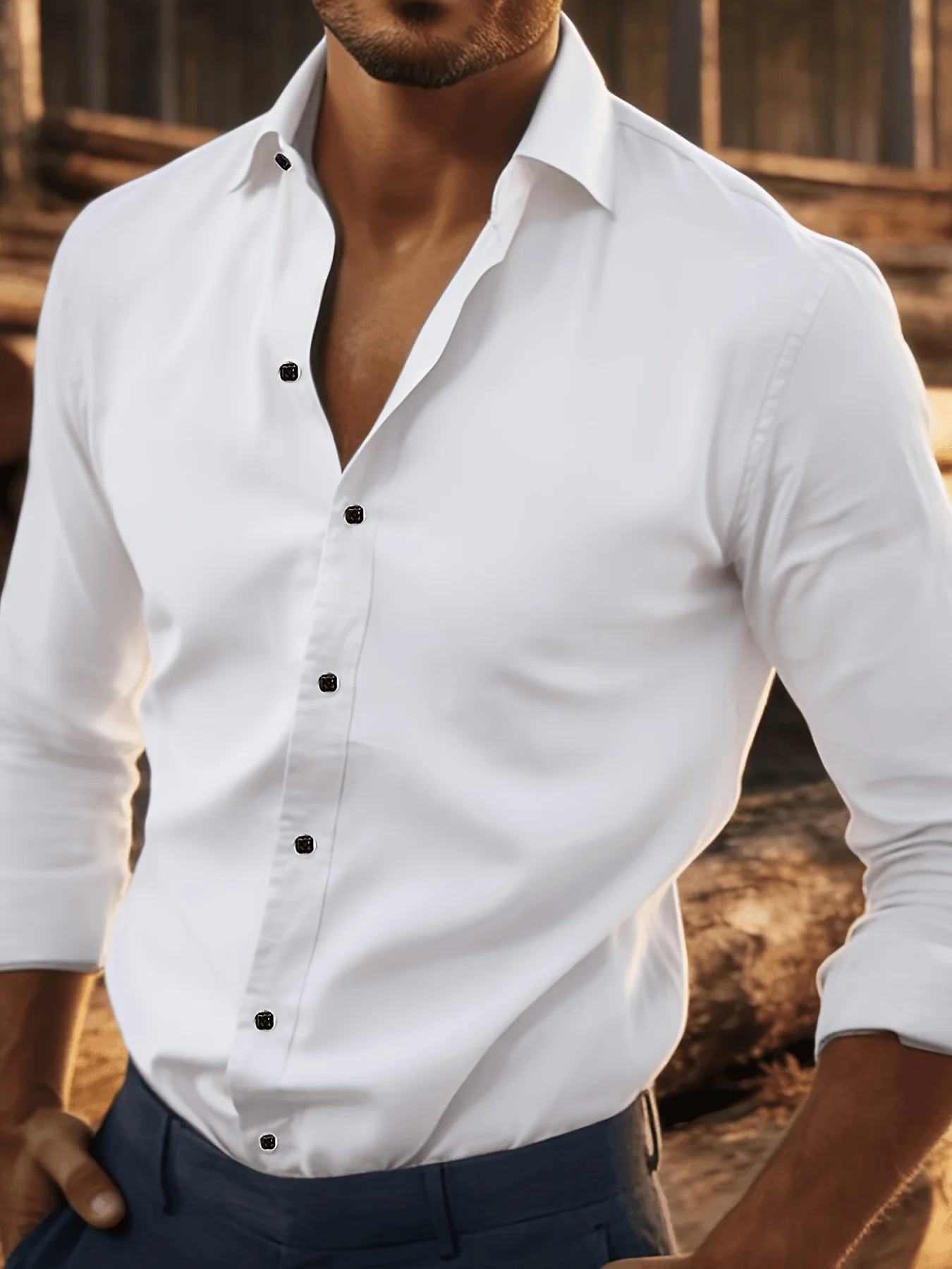 Men's solid-color business shirt - Classic solid-color button-down long-sleeve, easy-to-clean style