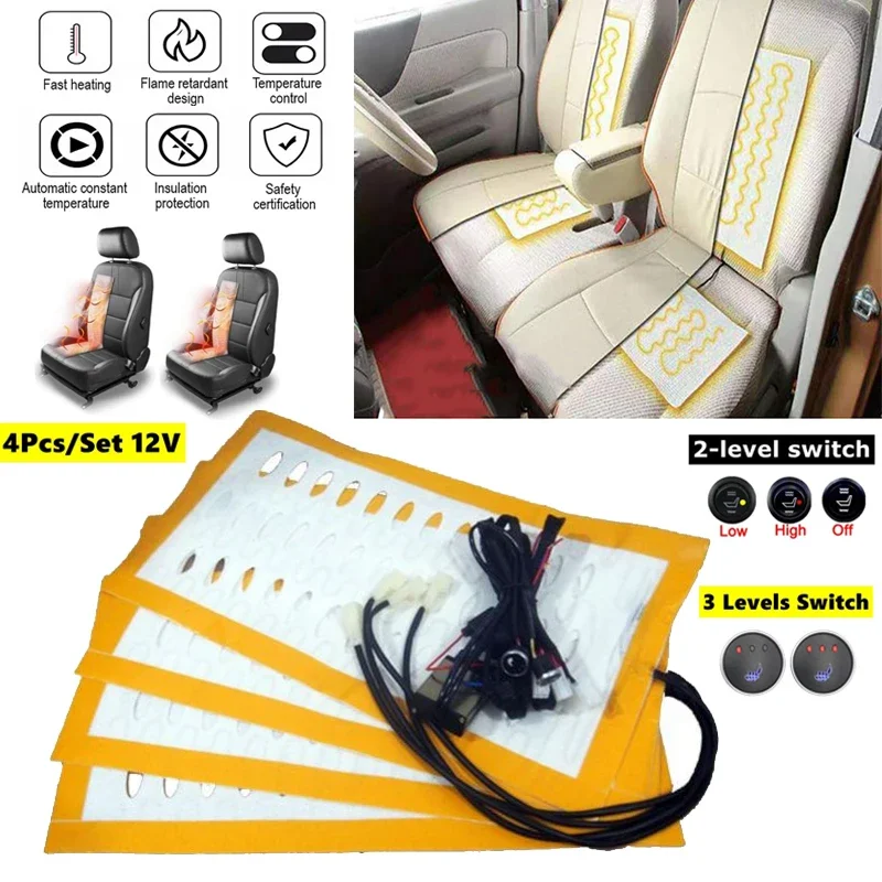 4PCS 12V Universal Built-in Car Seat Heating Pad with 2 Levels/3 Levels Switch Controller (Fit for 2 Seats)