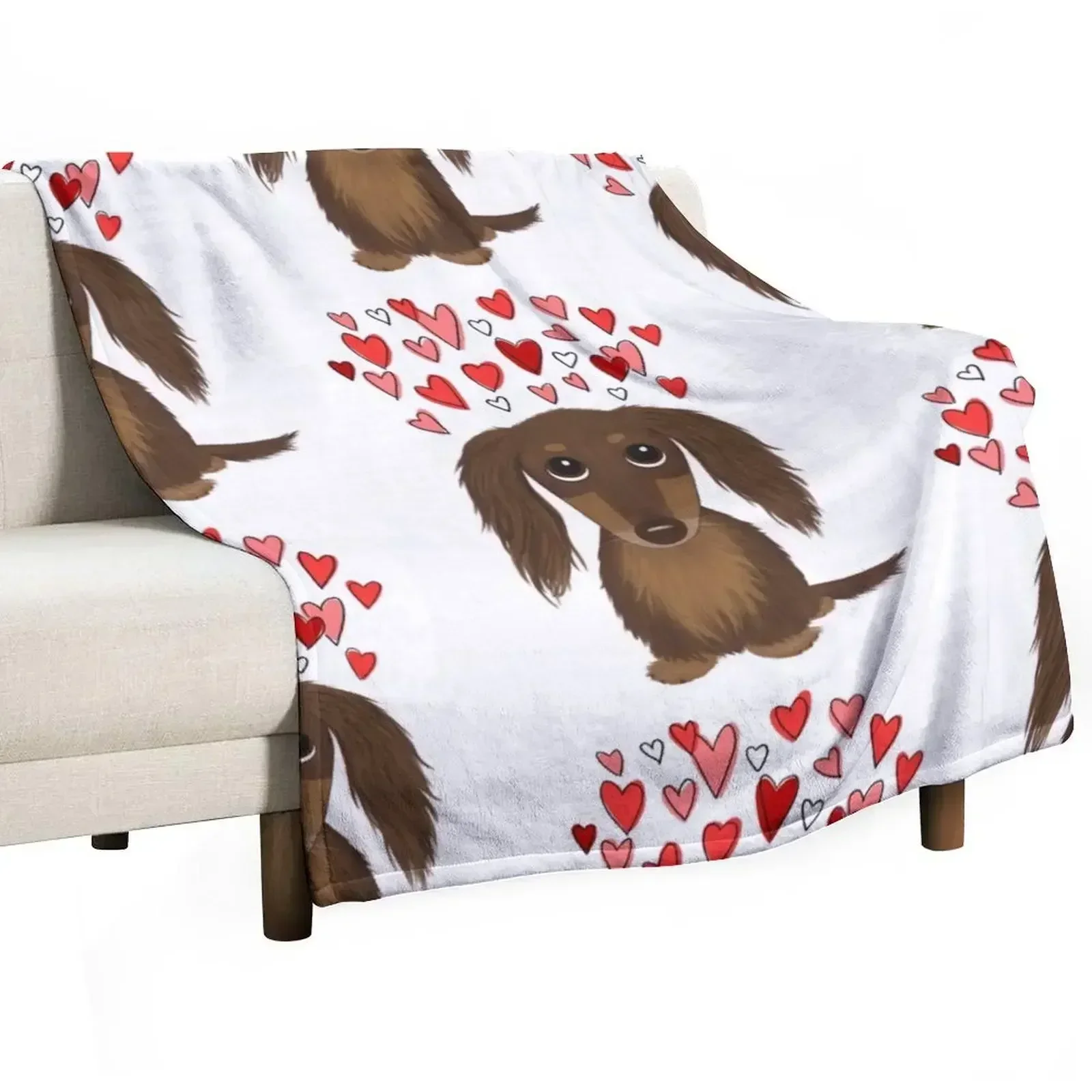 Hearts Dog Longhaired Chocolate Dachshund Cartoon Dog with Valentine Hearts Throw Blanket christmas decoration Furrys Blankets