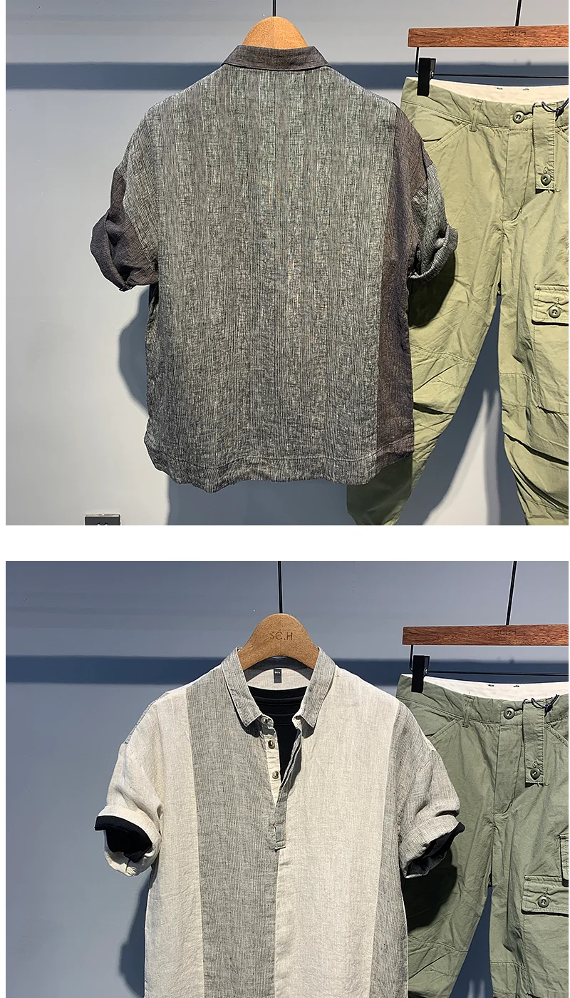 2025 New Fashion Thin Short-sleeved Shirt Men Summer Casual Top Contrasting Color Splicing Pullover Cardigan