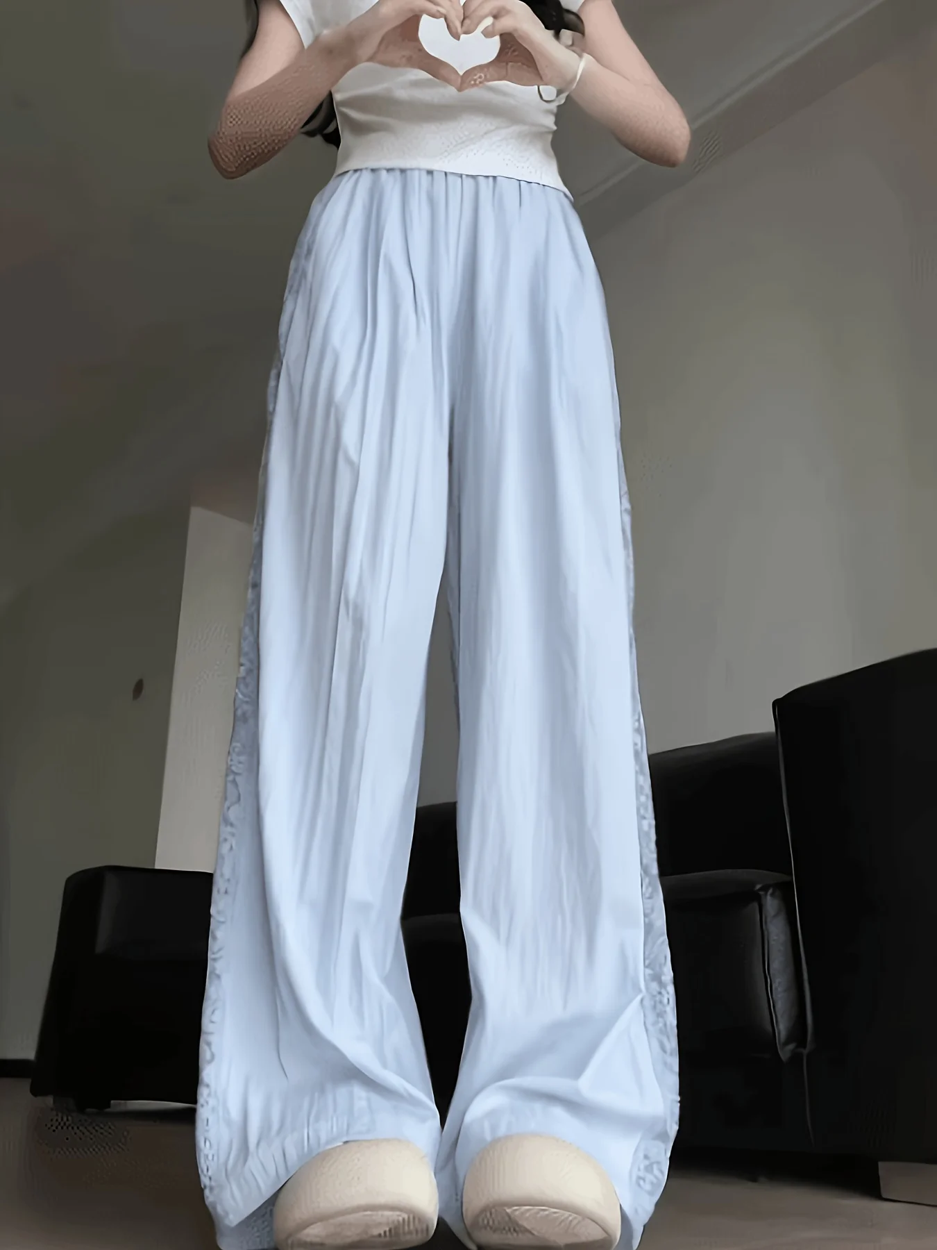 Summer Lightweight Lace Patchwork Hollow Out Wide Leg Pants High Waist Loose Fit Slimming Flowy Casual Pants