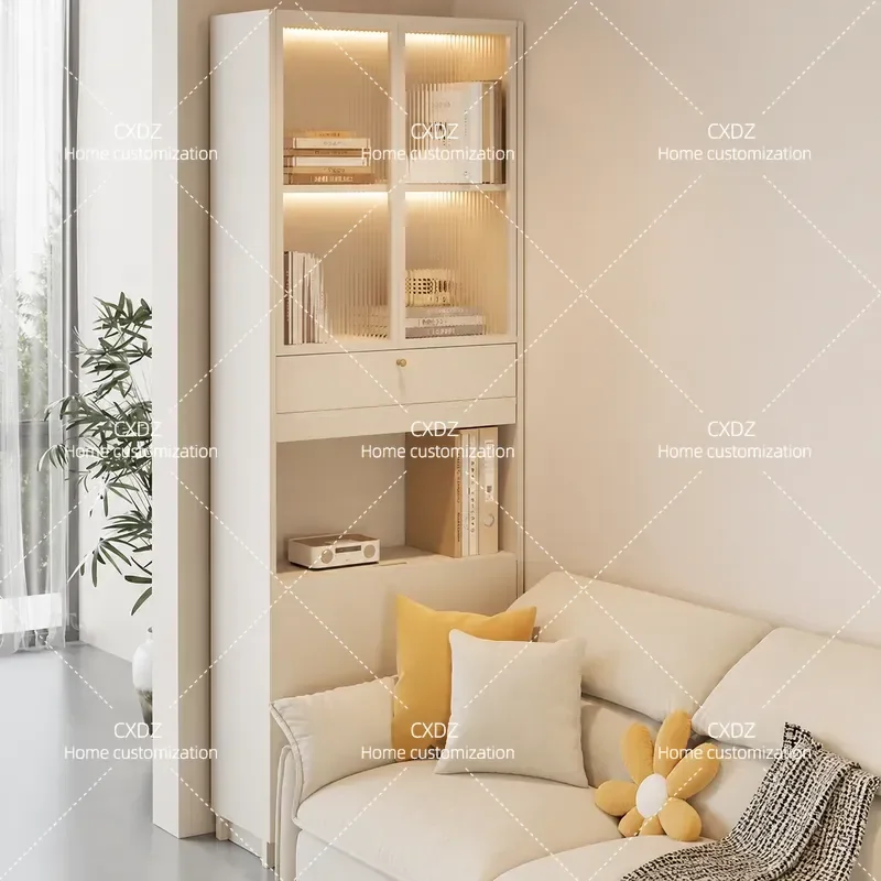 Cream Style Sofa Side Cabinet Simple Solid Wood Bookcase with Glass Door Wall Mounted Storage Unit Pull Out Drawer Organizer