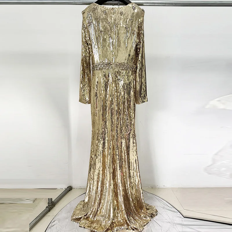 Luxury Evening Dress, Long Skirt, Celebrity Women's Dress, Nail Bead Set, Diamond Gold, Muslim, Islamic, Arab Dress view 3