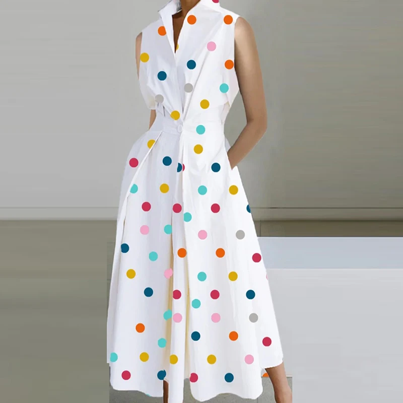 

Summer Shirt Dress Women Elegant Sleeveless Flower Print Pocket Long Dresses For Women Fashion Pocket Maxi Dresses