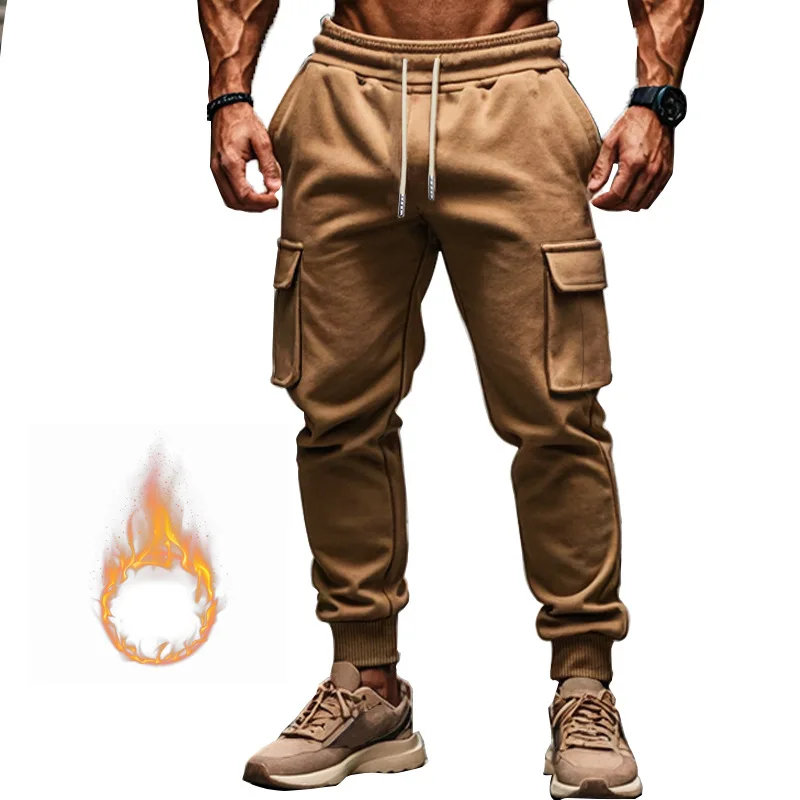 

New autumn and winter men's casual cargo pants with fleece multi-pocket pants large size sports casual pants