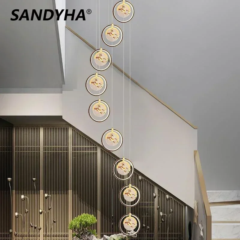 SANDYHA New Chinese Style Staircase Pendant Lamp Classical Villa Led Chandeliers Bedroom living Dining Room Lighting Fixture