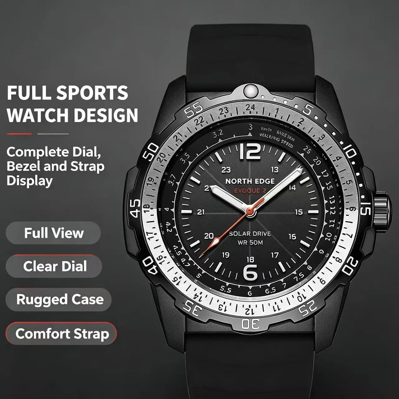 Men Solar Powered Wristwatch NORTH EDGE 50M Waterproof Luminous Display Silicone Band Outdoor Diving Sport Watch For Male