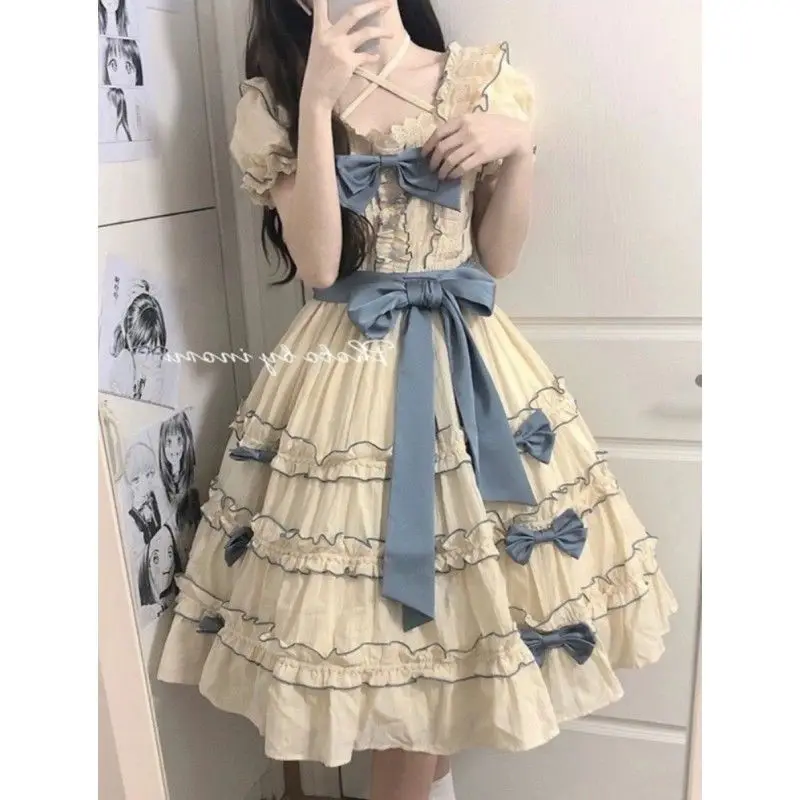 

Lolita Cute Girl Design Sense Dress Ruffled Color Contrast Patchwork Bow Western Style Pettiskirt Fashion
