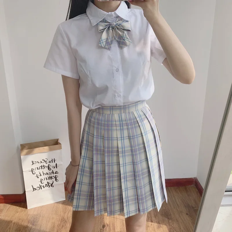 Women Short Sleeve High Waist Pleated Skirts Plaid Skirt Sexy A-Line Dress for JK School Uniform Girls Students Women's Clothing