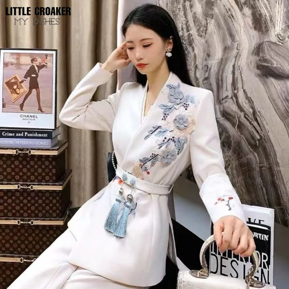 Chinese Style White Blazer for Women Design Solid Medium Long Coat Office Female Overcoat Spring Autumn Blazers Ladies