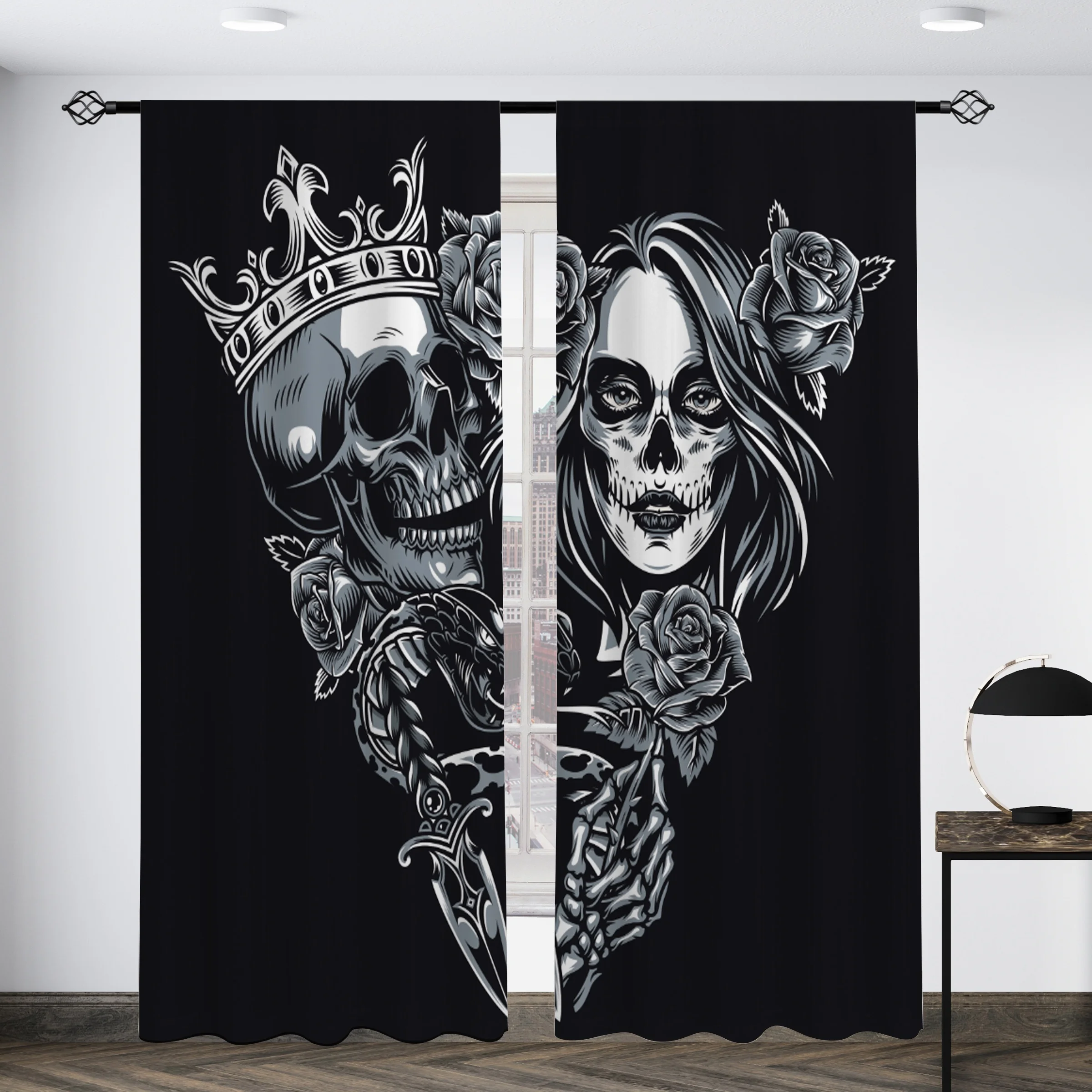 2pcs Gothic Skull Curtains King Queen Rose Tattoo Art Drape Bedroom Halloween Window Treatment Dark Romance Home Decor Panels