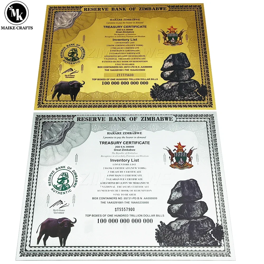 One Hundred Trillion Dollar Zimbabwe Gold Silver Foil Banknotes Certificates Reel with UV Serial Number Money Collectible Gift