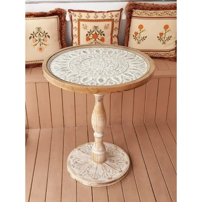 

French Retro Sofa Side Table Solid Wood Antique Corner Table Leisure Small Round Moroccan B&B Carved Coffee Table