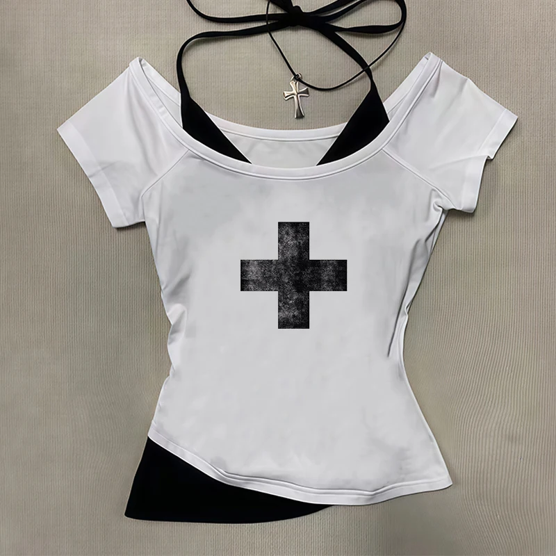 

2025 Spring/Summer New European and American Y2K Sexy Temperament Women's T-shirt Gothic Printed Pattern Two Piece Set Strap