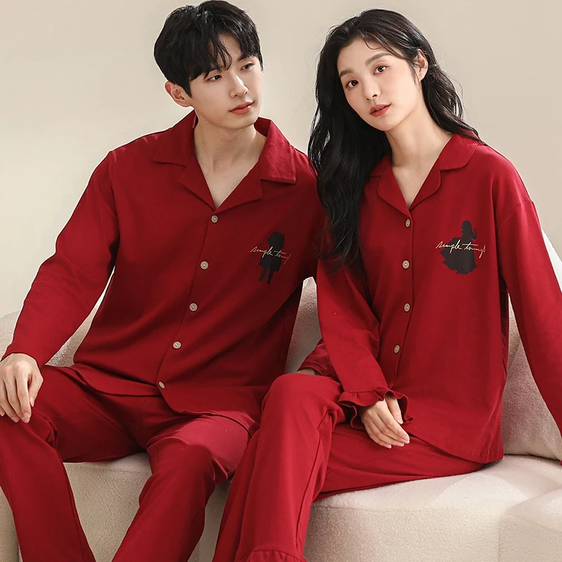 New Autumn Couple Plus Size Long Sleeve Cotton Pajama Sets for Women Red Wedding Celebration Sleepwear Men Homewear Home Clothes