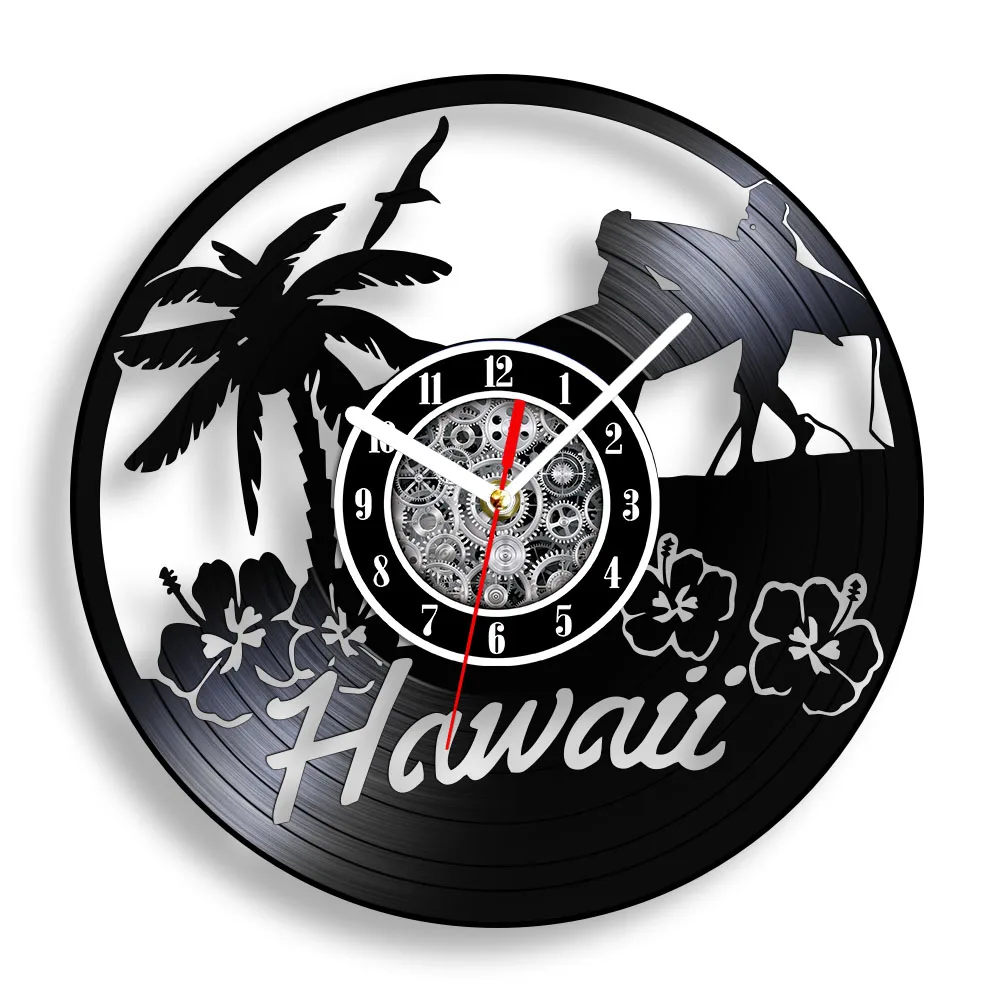 Hawaii Vinyl Record Wall Clock Palm Tree Beach Wall Art Clock Vintage Summer Ornament Hawaiian Luau Party Home Decor Wall Watch