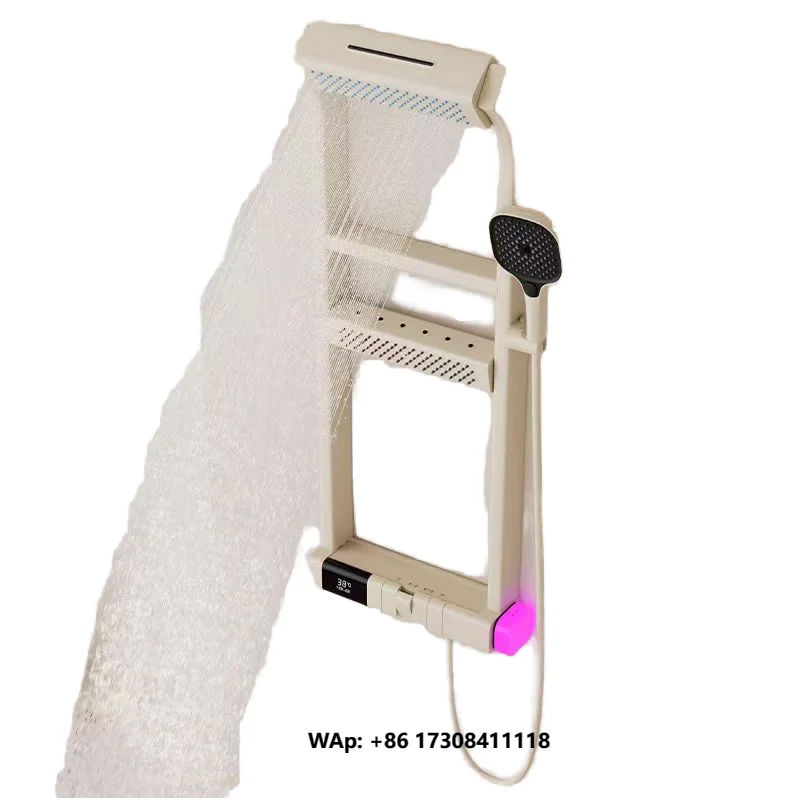Multifunctional Thermostatic Rain Spray Brass Shower Set Ceramic Digital Display LED Light Triple Handle Two Storage Racks Hotel