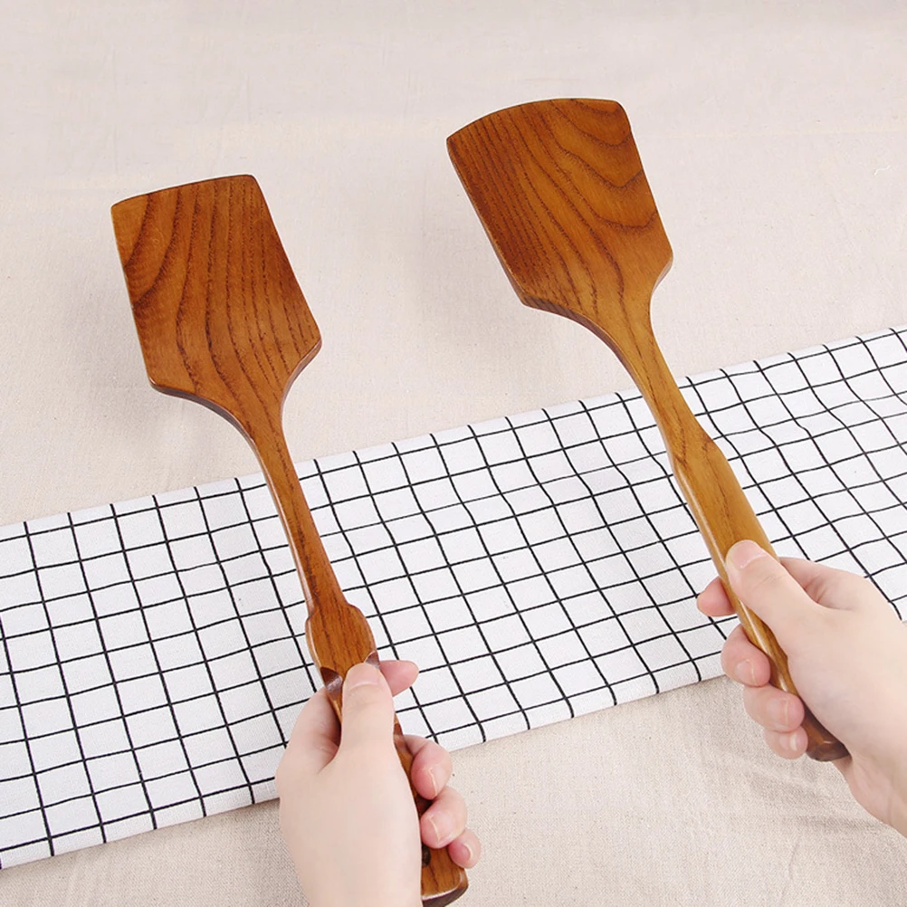 

2 pcs Wood Shovel Cooking Kitchen Gadget Food Accessories Nonstick Pan Long Handle Storage Bakeware Pastry Tools Natural