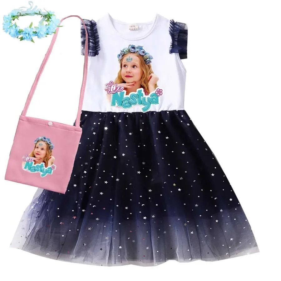 Like Nastya Clothes Baby Girls Short Sleeve Dress & Bag Wreath 3pcs Suit Kids Flying Sleeve Casual Dress Children Party Vestidos