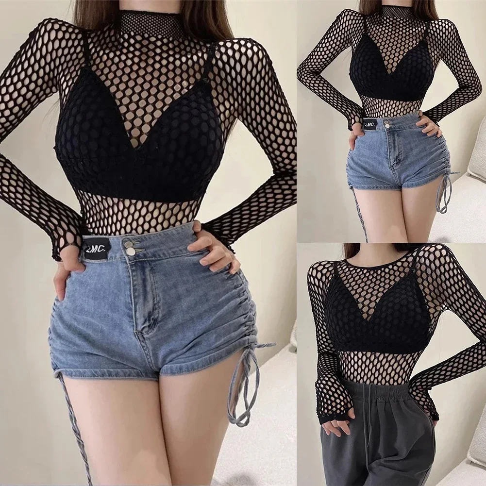 Womens Sexy Mesh Long Sleeve Fishnets Tops Fun Fashion Slim Fit Tops Hollow Out See Through Loose Female T-shirts Crop Top