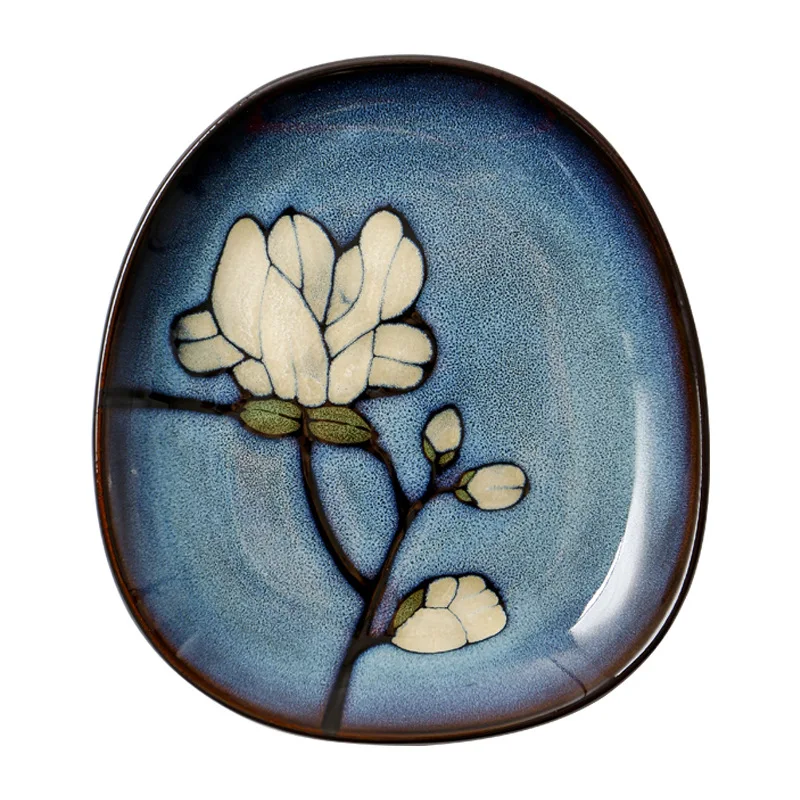 Creative Magnolia Ceramic Plate Underglaze Colored Ceramic Dishes European Modern Art Irregular Fruit Dim Sum Plate Dinner Plate